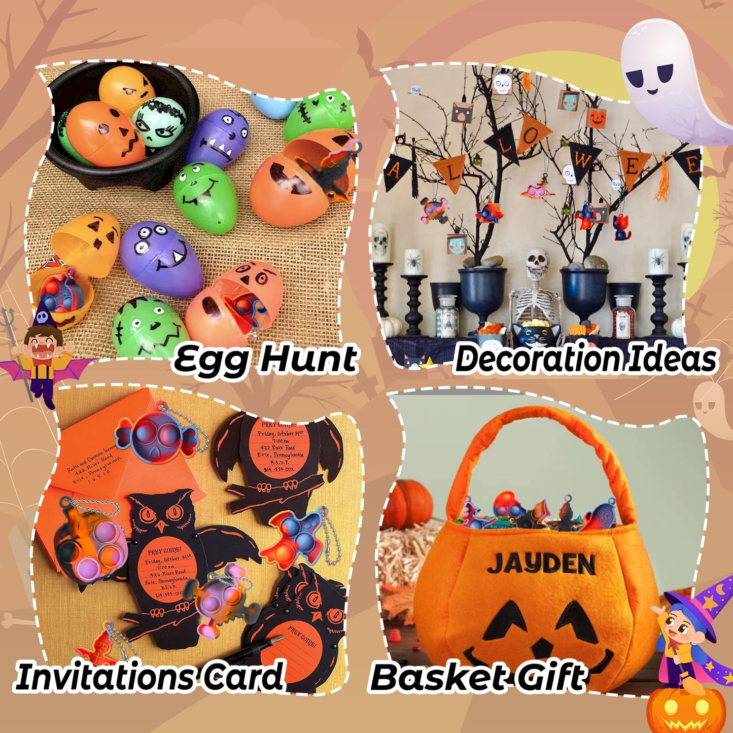 TOANWOD 24PCS Halloween Party Favors Mini Fidget Pop Keychain: Halloween Toys Bulk Cheap - Trick or Treat Toys Non Candy - Goody Bag Stuffers for Kids Classroom School Prizes (24Keychains + 24Cards)