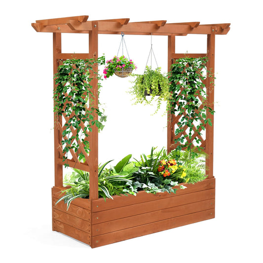 VINGLI 45-in Raised Garden Bed with Trellis & Hanging Roof, Wooden Elevated Planter Box with Drainage Holes for Outdoor Climbing Plants Vegetables Flowers, Patio Yard Balcony