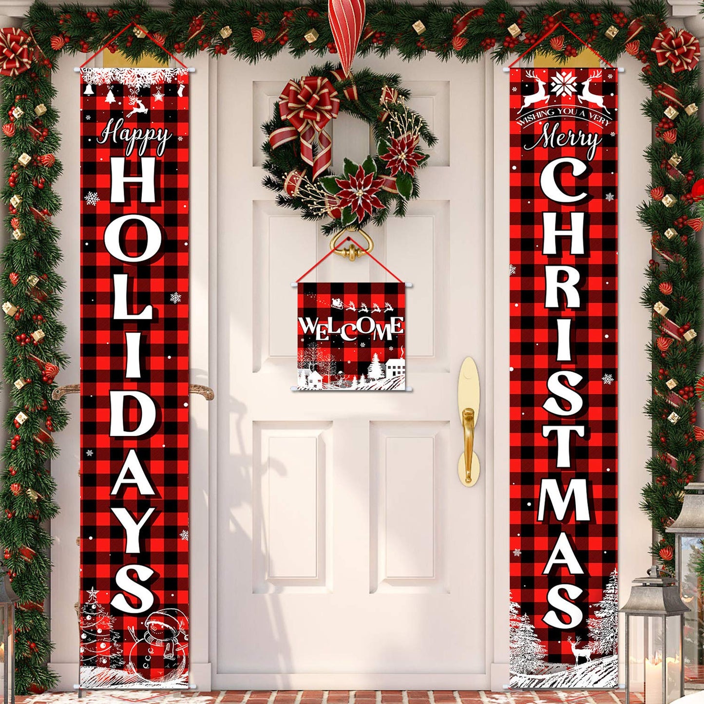 Boao 3 Pieces Christmas Plaid Porch Sign Merry Christmas Banner Happy Holidays Banner Welcome Banner Front Door Hanging Sign for Christmas Home Wall Indoor Outdoor Decoration