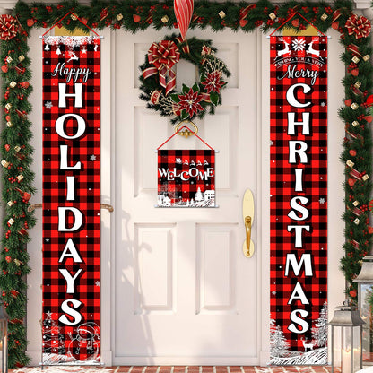 Boao 3 Pieces Christmas Plaid Porch Sign Merry Christmas Banner Happy Holidays Banner Welcome Banner Front Door Hanging Sign for Christmas Home Wall Indoor Outdoor Decoration