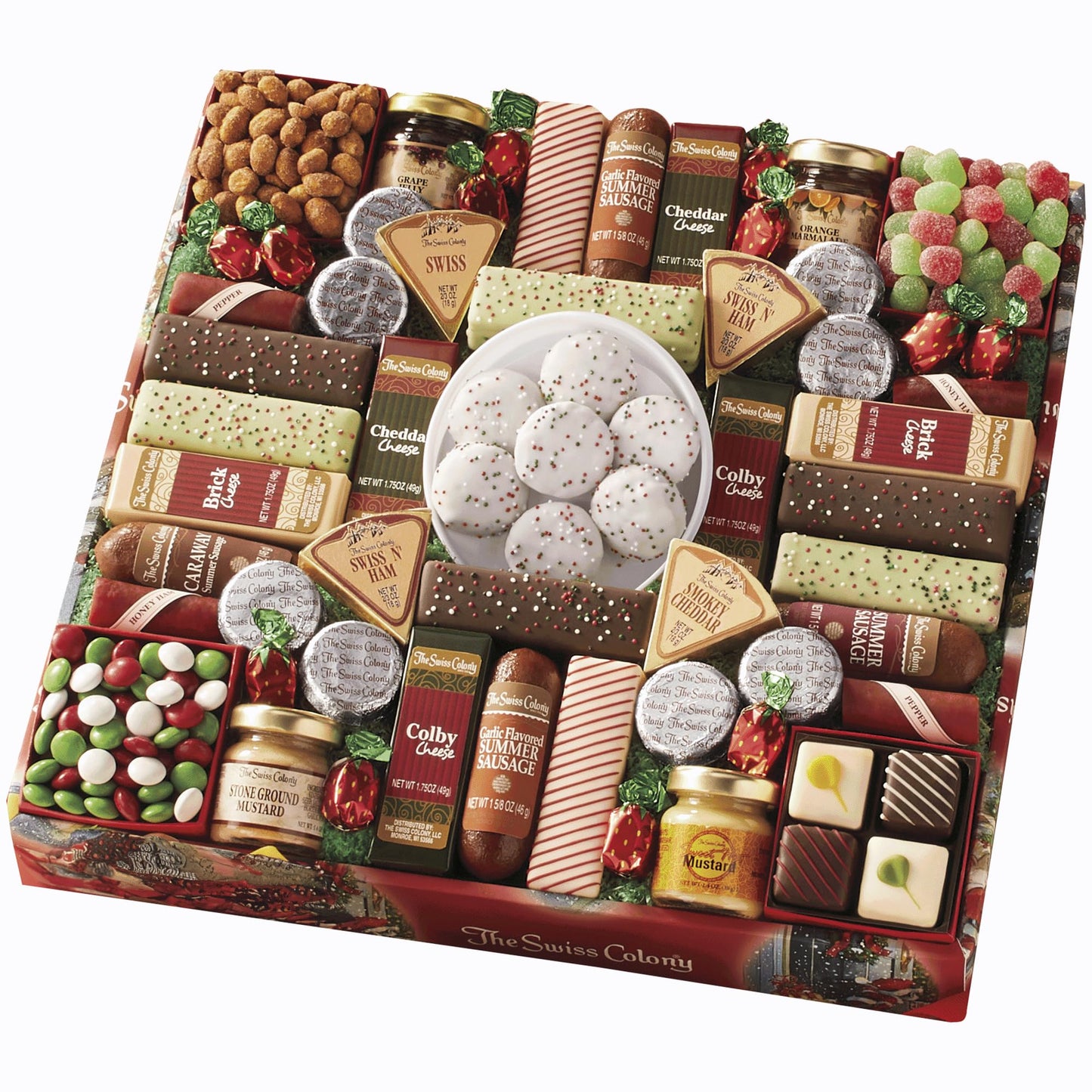 The Swiss Colony 43 Season Pleasers - Assorted Summer Sausage Meats, Mini Meat Sticks, Cheese Bricks and Wedges, Spreadables, Candies, & Chocolate Treats, Meat and Cheese Gift Set, Charcuterie Board
