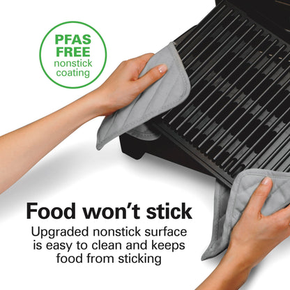 Hamilton Beach Electric Indoor Searing Grill with Viewing Window & Adjustable Temperature Control to 450F, 118 sq. in. Surface Serves 6, PFAS-Free Removable Nonstick Grate, Stainless Steel