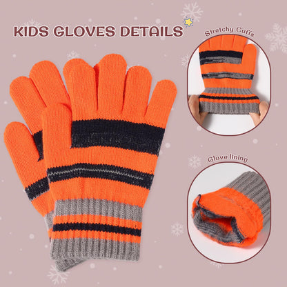 Kids Winter Hat Gloves Scarf Set: Girls Boys Children Beanie Gloves Neck Warmer Knit Set with Thick Warm Fleece Lined For 6-10 Years Old - Orange