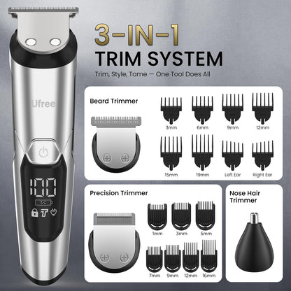 Ufree 3-in-1 Beard Trimmer Kit, Men's Electric Shaver Razor for Mustache Body Nose Facial Hair, Professional Hair Trimmer, Rechargeable Clippers, Waterproof Beard Grooming, Birthday Gifts for Men