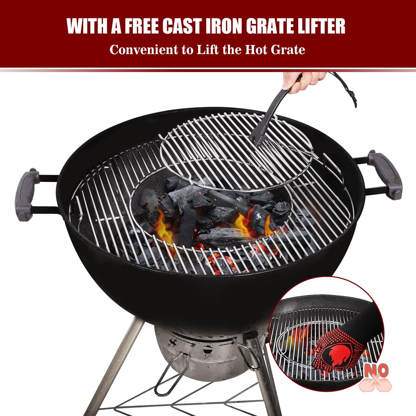 Stainless Steel Hinged Cooking Grate Replacement Gourmet BBQ System for Weber 22in Kettle Charcoal Grills with Cast Iron Grate Lifter,21.5 Grill Grate Works on Weber 8835,Recteq Bullseye,Barrel Grills