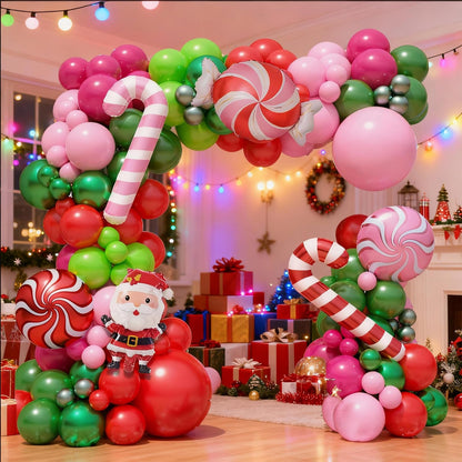 FunHot Christmas Balloon Arch Kit, Xmas Fruit Green Pink Balloon Garland, Hot Pink Red Metallic Green Latex Balloons with Candy Cane Santa Claus Windmill Foil Balloons for Christmas Party Decorations