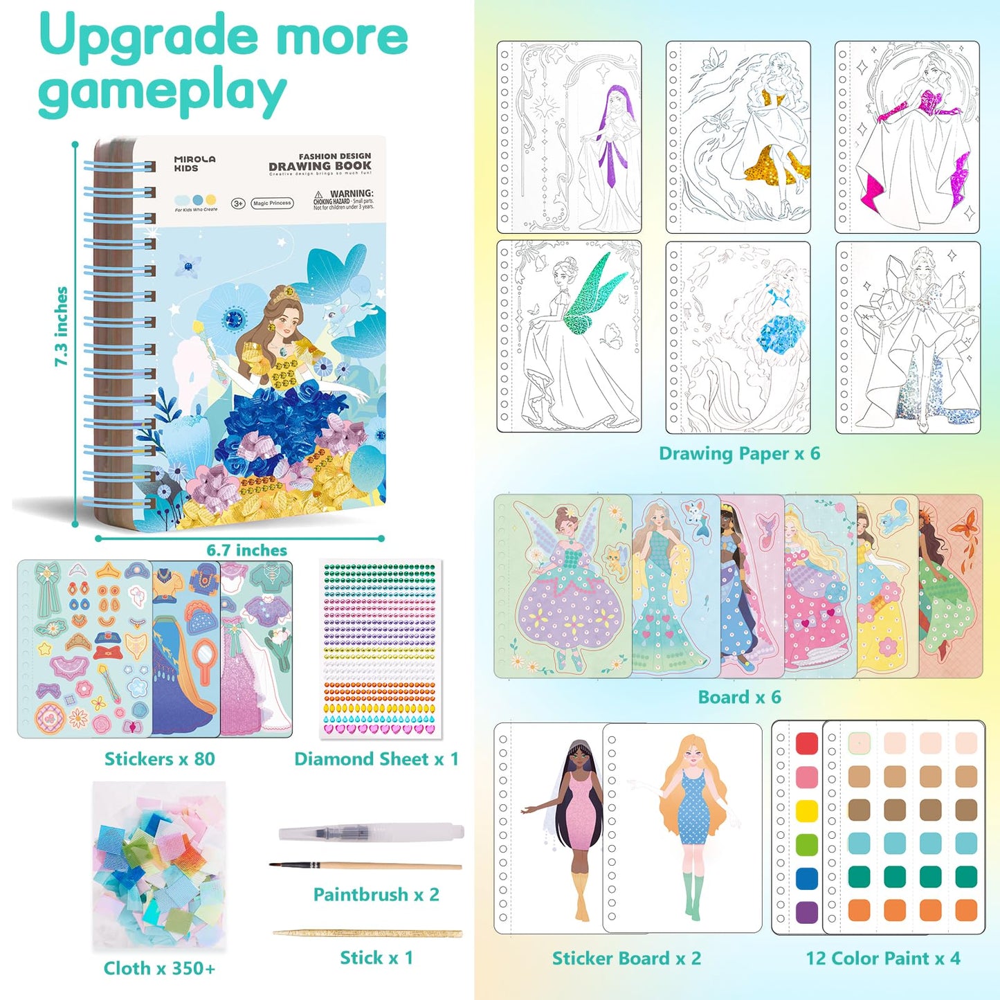 MIROLA KIDS 4 in 1 Poke Craft Kits for Girls, Magic Princess Crafts for Kids Ages 4-8, DIY Activity with Princess Stickers, Watercolor Paint, Diamond Art Gifts for 4 5 6 7 8+ Year Old Girls