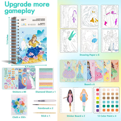 MIROLA KIDS 4 in 1 Poke Craft Kits for Girls, Magic Princess Crafts for Kids Ages 4-8, DIY Activity with Princess Stickers, Watercolor Paint, Diamond Art Gifts for 4 5 6 7 8+ Year Old Girls