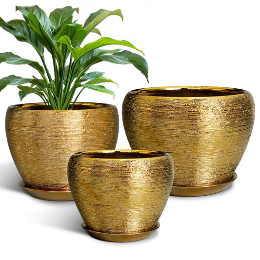 EPFamily Flower Pots for Indoor & Outdoor Plants - Ceramic Pots 10 Inch, 8 Inch, 6 Inch with Drainage Holes, Saucers - Decorative Large Planters Set of 3 Gold
