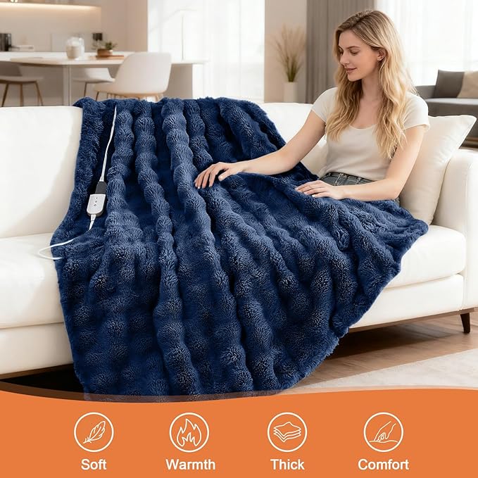 Heated Blanket Electric Throw Blanket 84''X 90''-Heating Blanket with 6 Heat Settings-10 Hours Auto Off,Cozy Faux Rabbit Fur Bubble Electric Blanket,Navy Blue