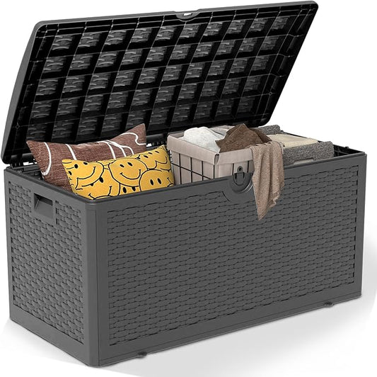 Upgrade 80 Gallon Waterproof Large Resin Deck Box Indoor/Outdoor Lockable Storage Container and Seating for Garden, Pool, and Patio (80 Pro Gallon, Black)