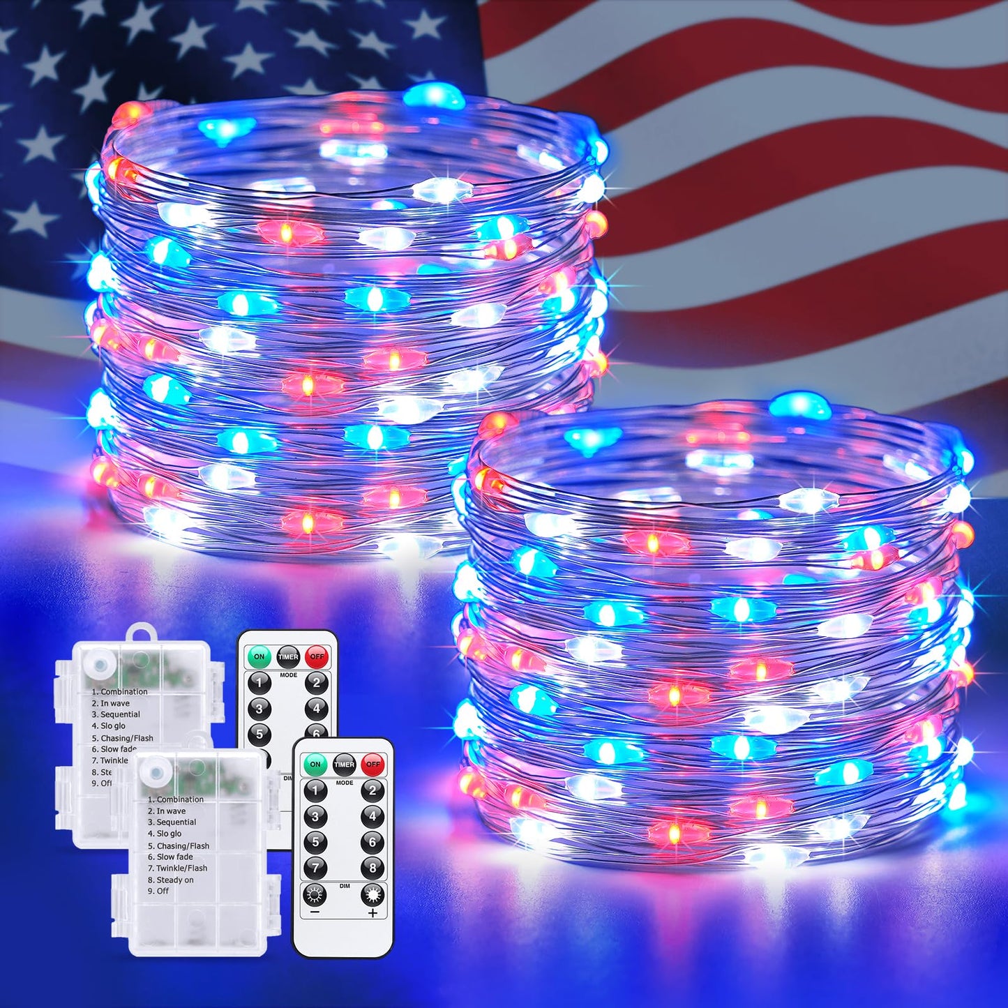 JMEXSUSS 2 Pack 100 LED Red White and Blue Fairy Lights Battery Operated, 33ft Battery Powered Twinkle Light with Remote, 8 Modes Red White and Blue String Lights for 4th of July Indoor Outdoor Decor