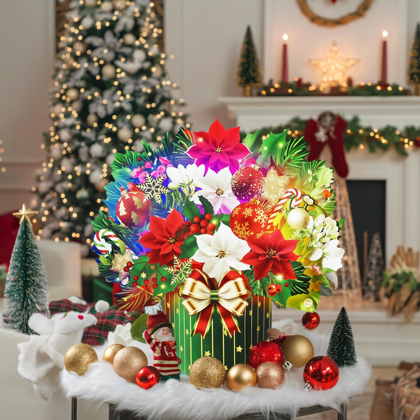 Yinqing Christmas Cards, Light and Music Merry Christmas Cards, 13 Inch Life Sized Forever Flower Bouquet 3D Pop Up Xmas Gift Card for Women Wife Mom Daughter Sister