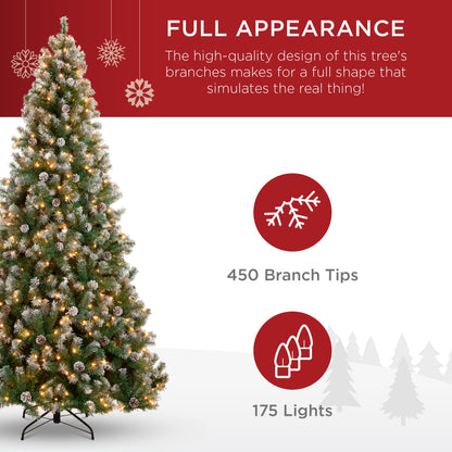 Best Choice Products 4.5ft Pre-Lit Pre-Decorated Pine Artificial Christmas Tree w/ 450 Flocked Frosted Tips, 32 Pinecones, 175 Lights, Base - Green