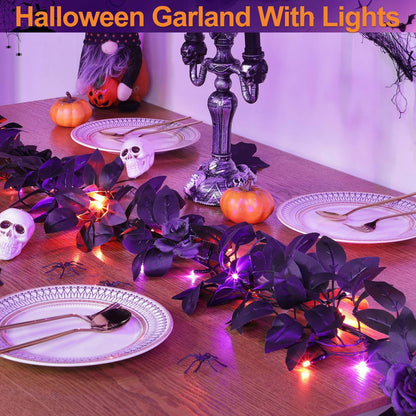Timer - 6 Feet Halloween Garland with Lights, Artificial Black Garland with Black Roses 20 LED Purple Orange Lights for Halloween Decorations Indoor Outdoor Table Fireplace Home Decor
