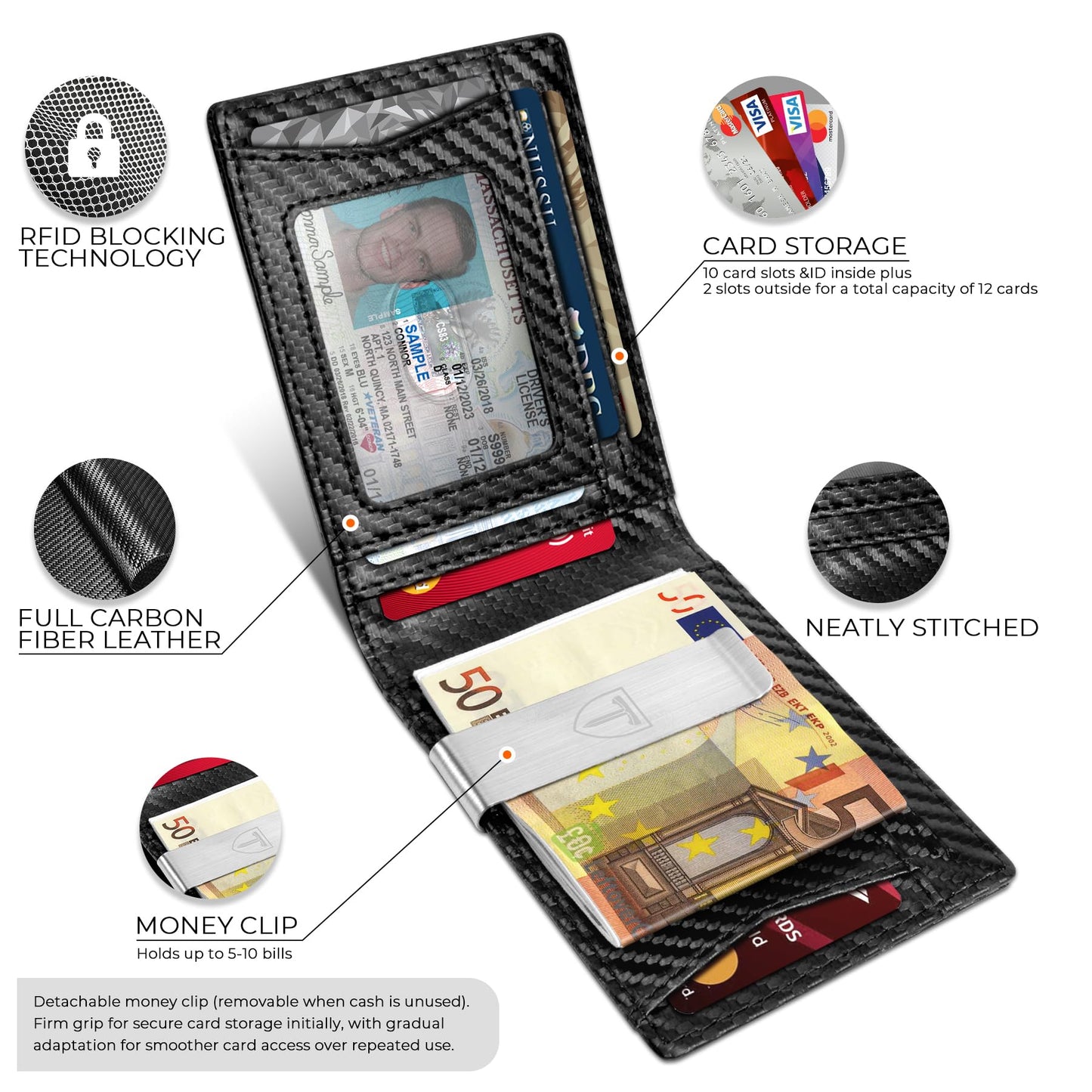 TEEHON Mens Wallets Slim RFID Blocking Carbon Fiber Leather Wallet with up to 12 Credit Card Holder, Strong Money Clip & ID Window Minimalist Bi-Fold Wallets for Men UK with Gift Box - Black