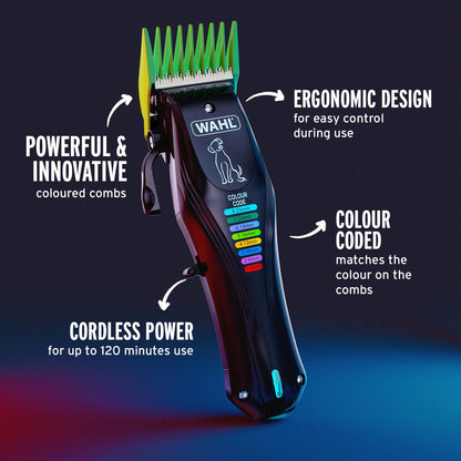 WAHL Colour Pro Rechargeable Pet Clipper, Clippers with Coded Combs, Full Coat Grooming for Dogs, Low Noise, Corded/Cordless Dog Clippers, Black