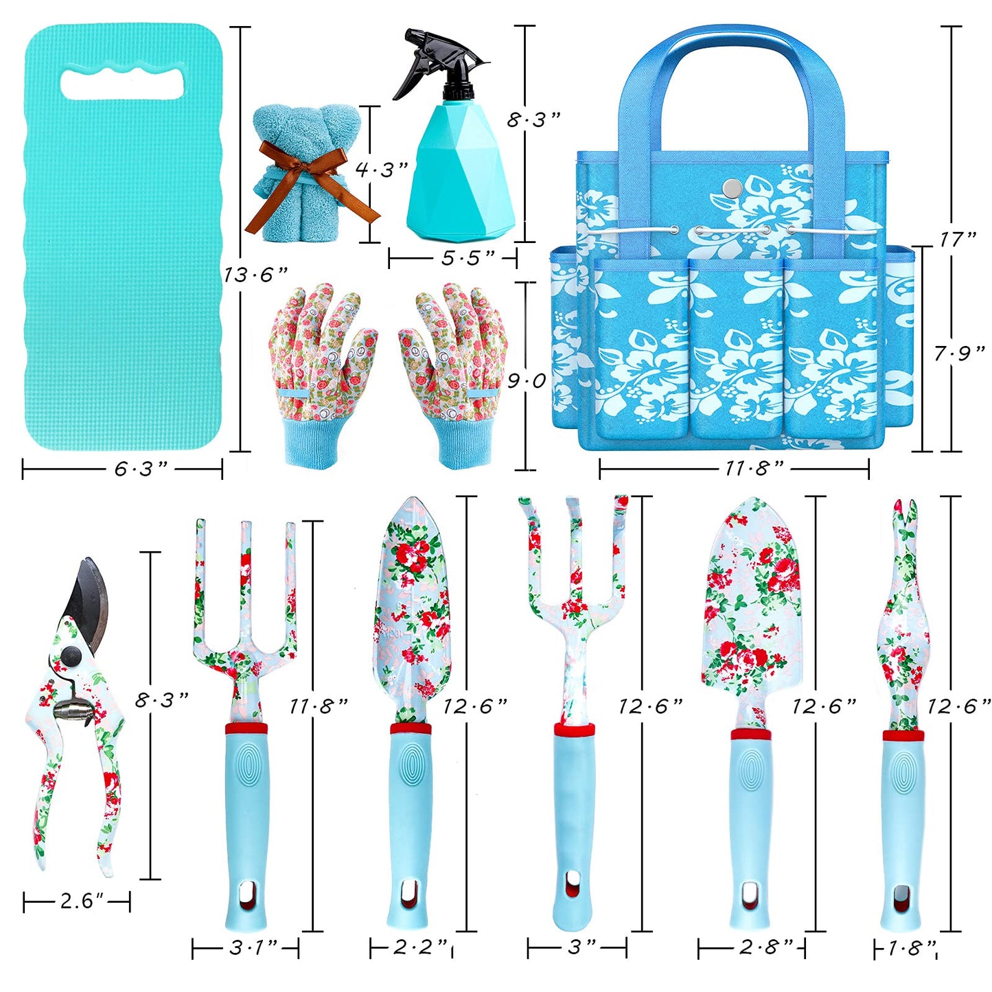 JUMPHIGH Floral Garden Tools Set, 11 PCS Heavy Duty Gardening Tools Includes Hand Trowel Rake Weeder Pruner Sprayer, Gardening Gifts for Women, Garden Kit with Storage Tote Bag and Garden Gloves
