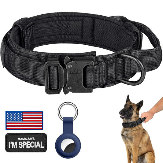 DAGANXI Tactical Dog Collar, Adjustable Military Training Nylon Dog Collar with Control Handle and Heavy Metal Buckle for Medium and Large Dogs, with Patches and Airtags Case (M, Black)