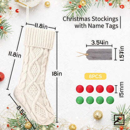 ZIFTY Personalized Christmas Stockings Bulk with Names Set of 4 18 Inches White Knitted Xmas Stockings Soft Warm Double-Sided Classic Decoration for Family Holiday Party Christmas Ornaments (Ivory)
