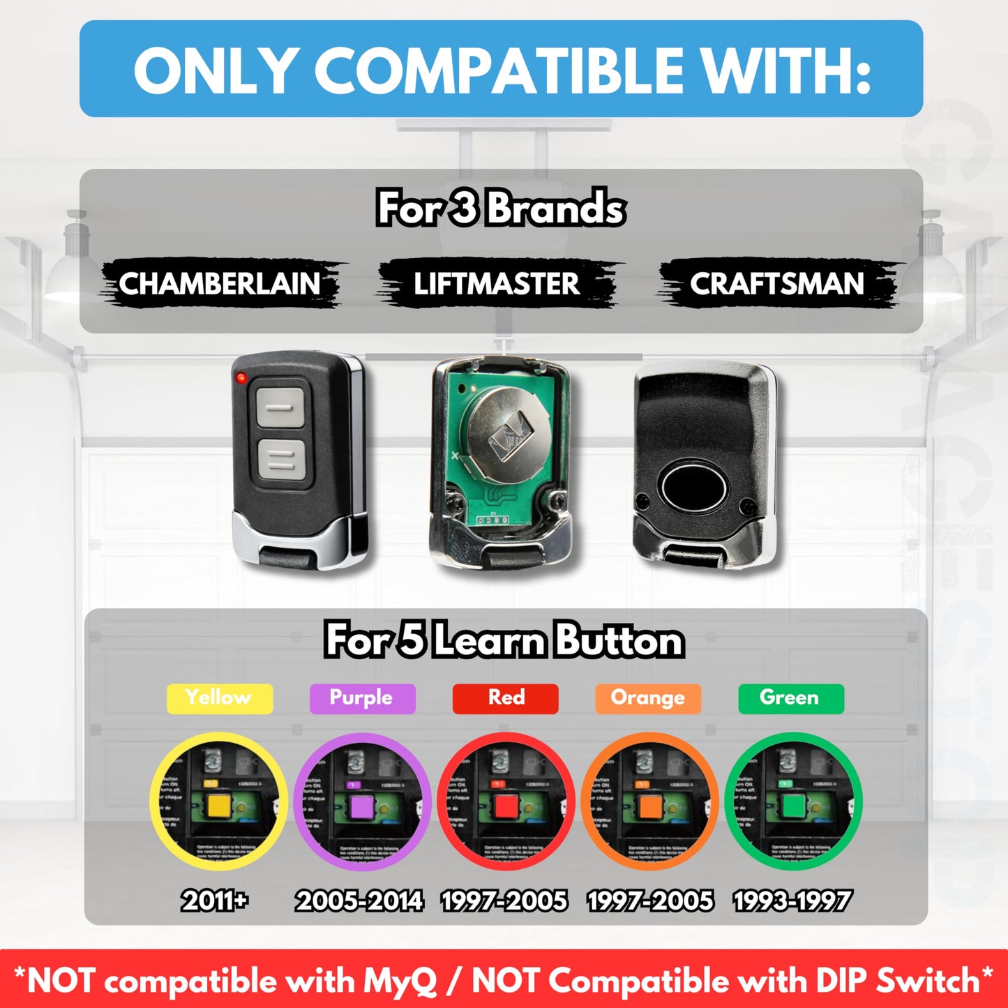 1x Mini for LiftMaster Chamberlain Craftsman Universal Garage Door Opener Remote, 893LM 893Max 891LM 371LM 373LM 971LM 973LM, 2-Button Keychain Extra Long-Range