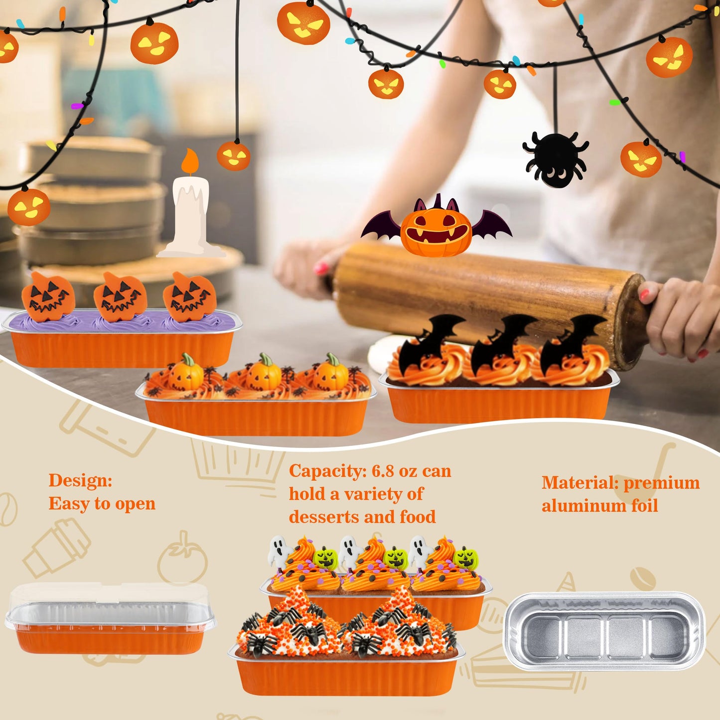 Mini Loaf Pans with Lids, BAKINGPAK 50PCS 6.8OZ 200ML Mini Cake Pans Disposable Aluminum Foil Cupcakes Pans with Lids for Halloween Party Birthday, Orange