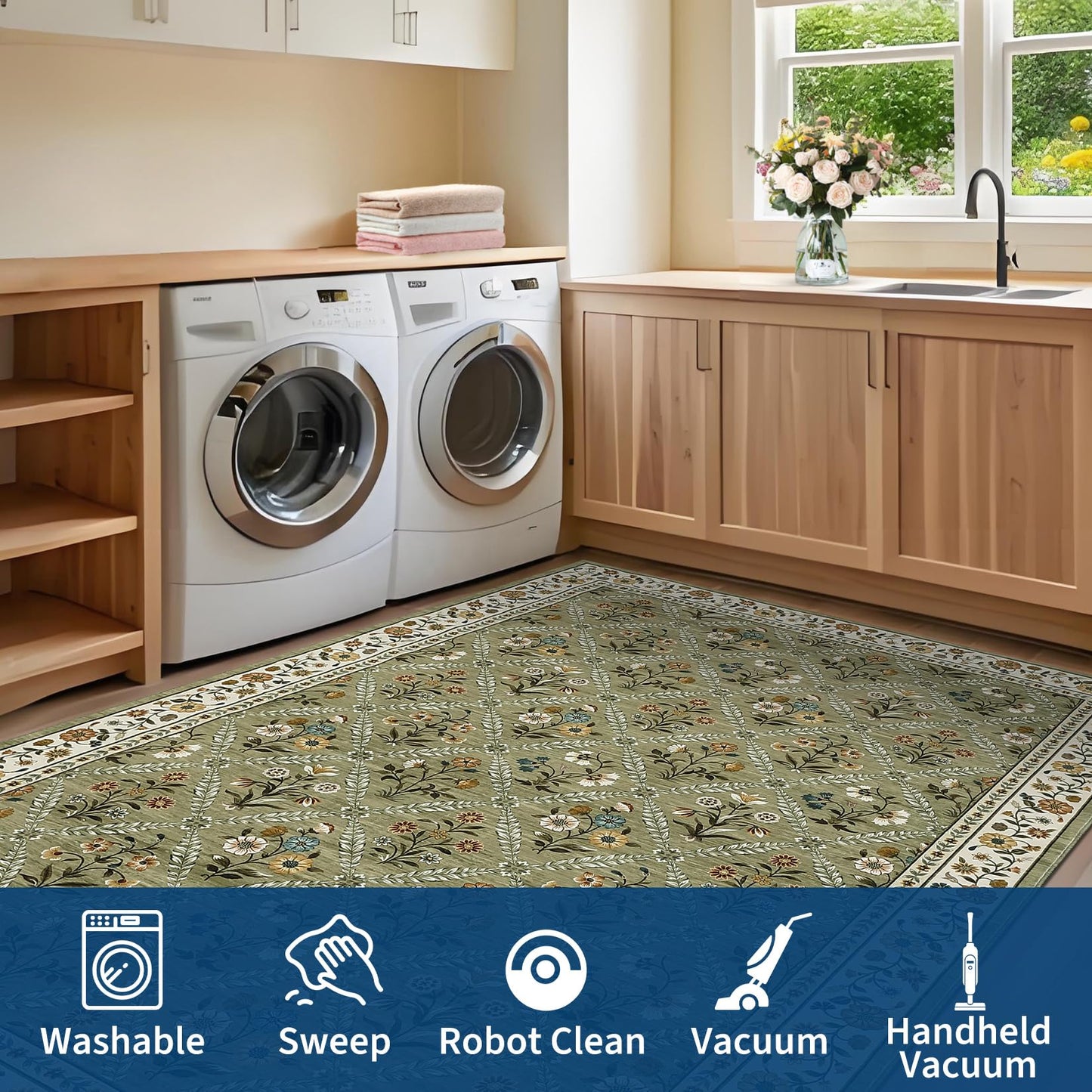 GarveeHome Living Room Rug 5x7 Rug Machine Washable Stain Resistant Area Rug Non Slip Floral Vintage Low Pile Rugs for Living Room, Bedroom, Farmhouse, Dining Room, Kids PlayroomGreen