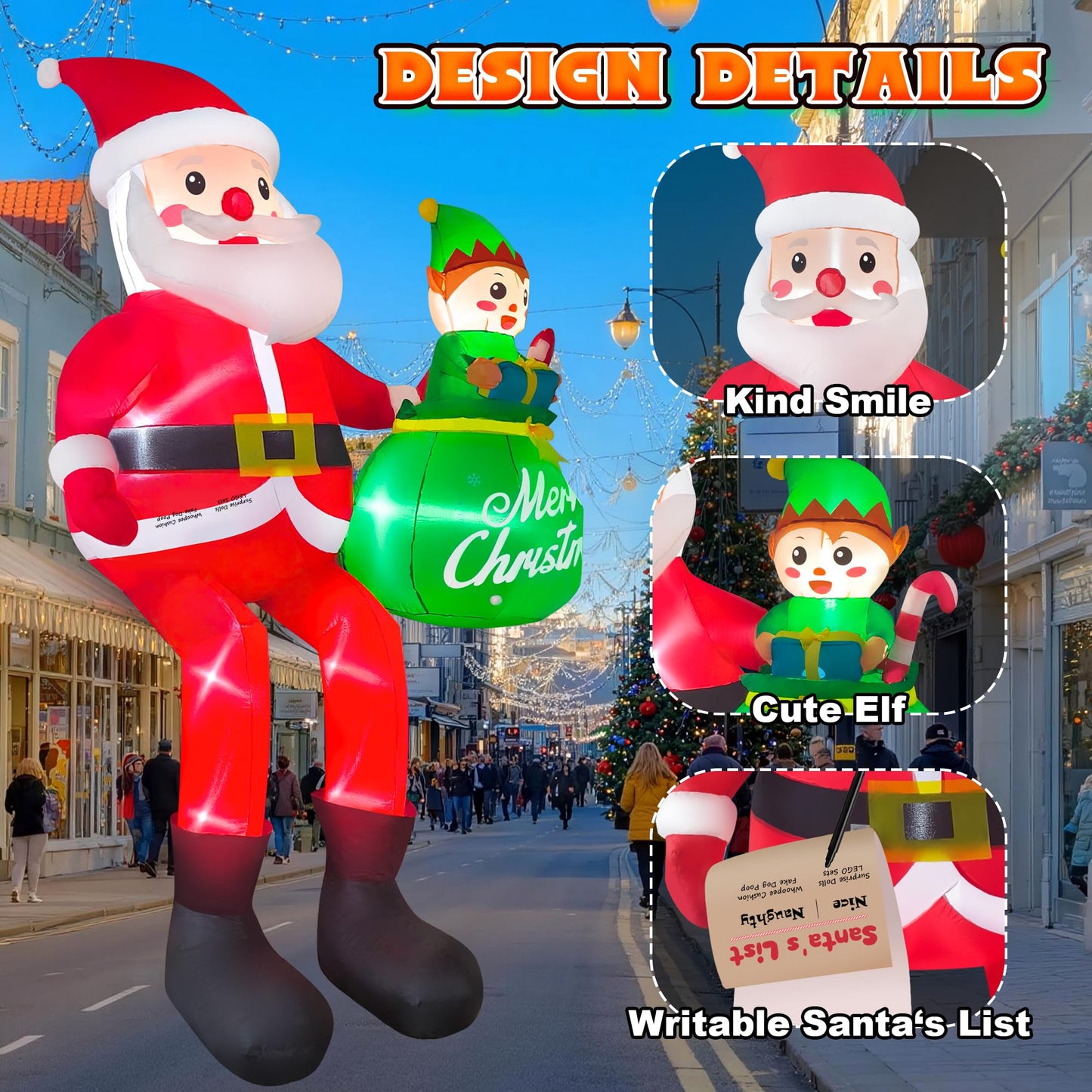 CORALMEE 10FT Christmas Inflatable Santa Claus Outdoor Decorations, Climbing Santa Inflatable Yard Decor with Elf & Built-in LEDs, Giant Christmas Blow up Decorations for Roof Balcony Plaza Street