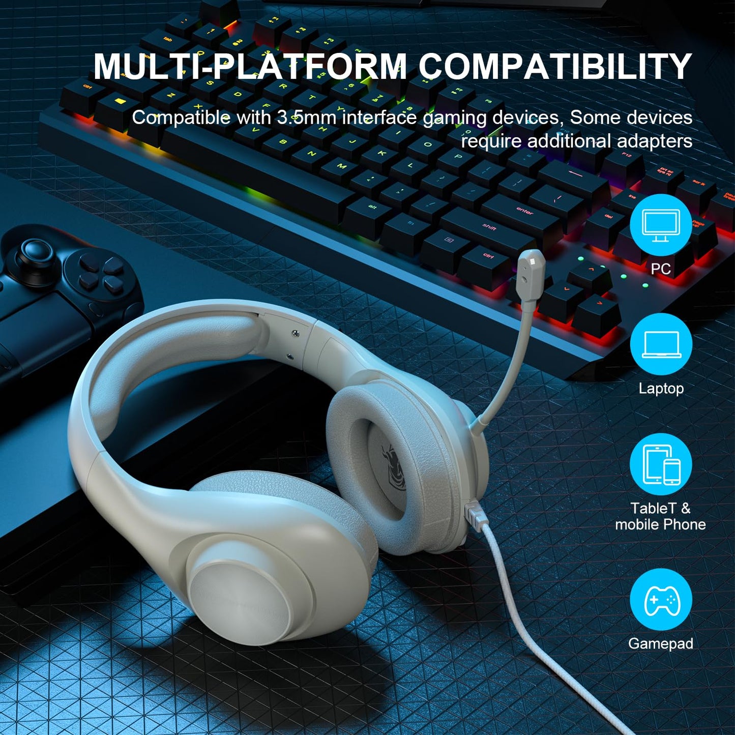 Gaming Headset for PS5 PS4 PC, Wired Headsets with 7.1 Surround Sound, H-7 Gaming Over Ear Headphones with Noise Cancelling Flexible Mic Memory Earmuffs, for PC/PS5/PS4/XboxSeries X/S/Switch (White)