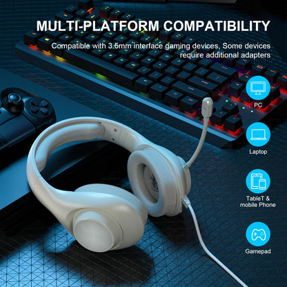 Gaming Headset for PS5 PS4 PC, Wired Headsets with 7.1 Surround Sound, H-7 Gaming Over Ear Headphones with Noise Cancelling Flexible Mic Memory Earmuffs, for PC/PS5/PS4/XboxSeries X/S/Switch (White)