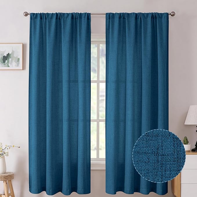 Tollpiz Short Linen Curtain Living Room Rod Pocket Semi Sheer Curtains Burlap Light Filtering Thick Linen Drape for Bedroom, 54 x 45 inches Long, Classic Blue, Set of 2 Panels