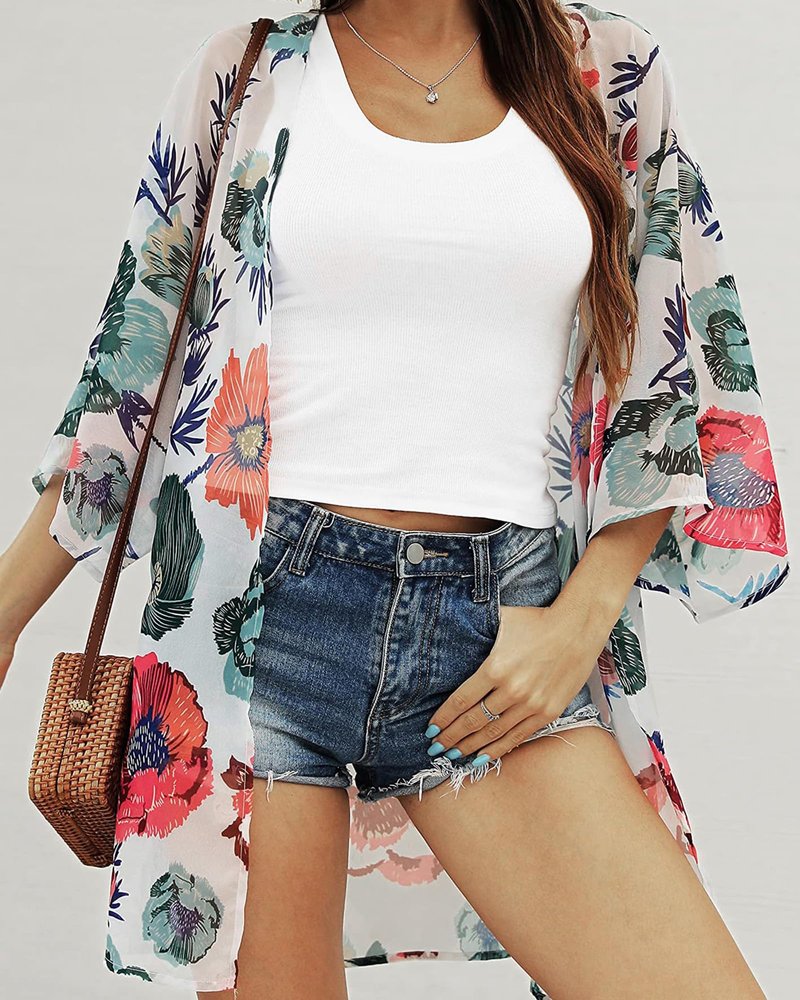 Women's Summre Kimono Cardigan Floral Print Sheer Chiffon Loose Casual Beach Cover Up Tops (Da White,L)