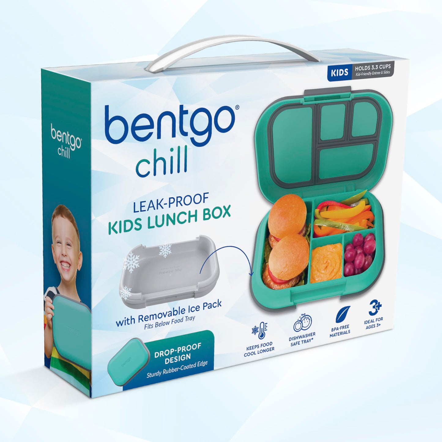 Bentgo Chill Kids Leak-Proof Lunch Box - 4-Compartment Bento Box with Built-In Ice Pack, 3.3 Cup Capacity, PFAS & BPA-Free, Microwave & Dishwasher Safe, Ideal Size for Ages 3 to 7 (Green/Navy)