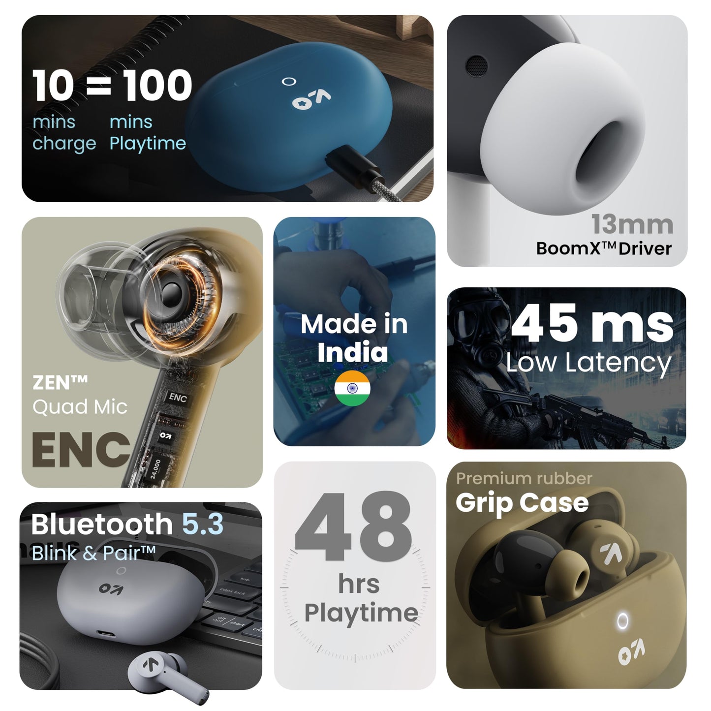 Boult K40 True Wireless in Ear Earbuds with 48H Playtime, Clear Calling 4 Mics, 45ms Low Latency Gaming, Premium Grip, 13mm Bass Drivers, IPX5, Type-C Fast Charging, BTv 5.3 Ear Buds (Electric Black)