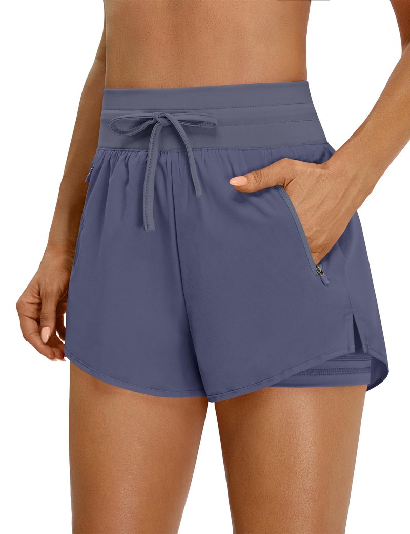BMJL Womens 2 in 1 Running Shorts for Gym 2.5" Blue High Waisted Drawstring Athletic Workout Shorts 3 Pockets（M,Blue Grey）