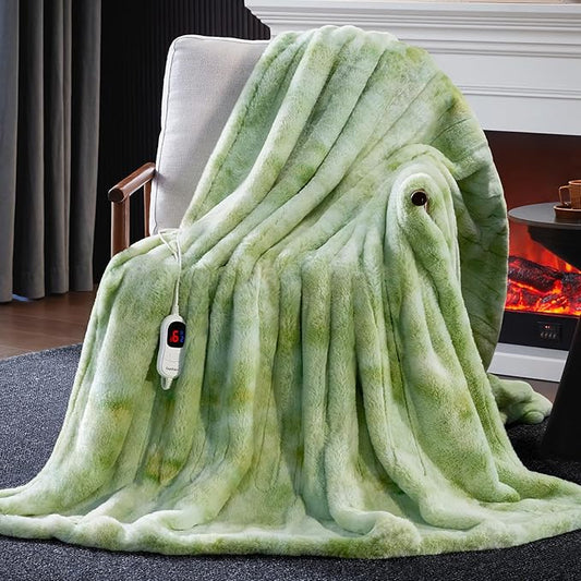 Guohaoi Heated Blanket Electric Throw, Soft Faux Rabbit Fur Electric Blanket with 10 Heating Levels 5 Sitting Timer Auto Off, Cozy Warm Heating Blankets, Machine Washable(84"×90" Light Green)