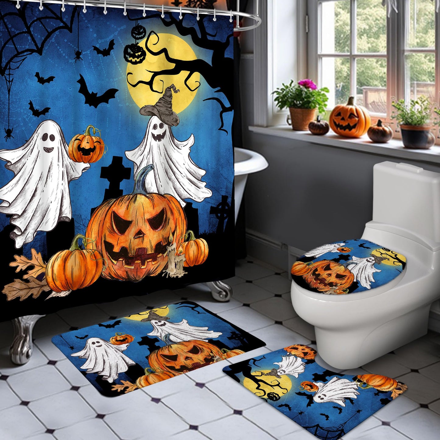 pinata Halloween Shower Curtain Set, Halloween Bathroom Set 4, Bathroom Decor Sets with Shower Curtain and Rugs Accessories, Ghost Curtains for Bath Decor