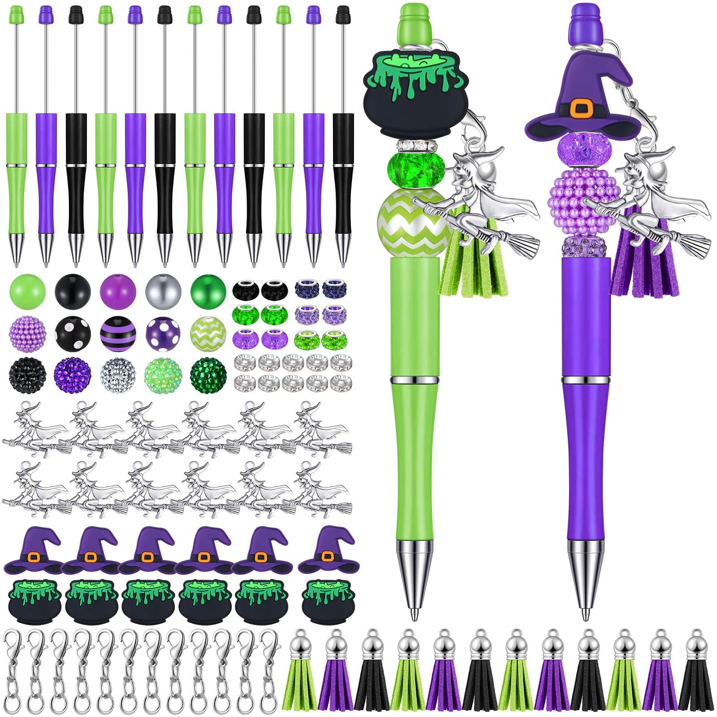 Jutom 12 Pcs Halloween Beadable Pens with Focal Silicone Beads Witch Cauldron Purple Green Bead Crafting DIY Making Pens Kit for Office School Christmas Holiday Gift Bulk