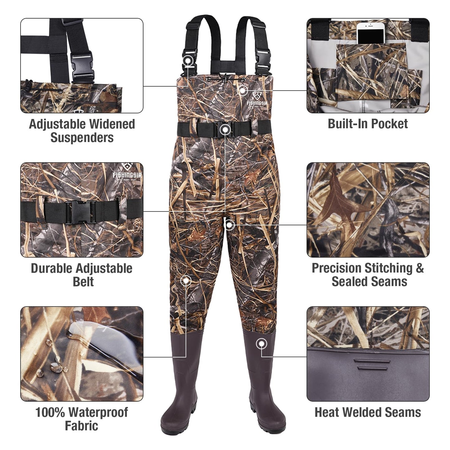 FISHINGSIR Fishing Waders for Men, 2-Ply Nylon/PVC Waterproof Women Chest Wader with Boots, Bootfoot Hunting Waders Camo