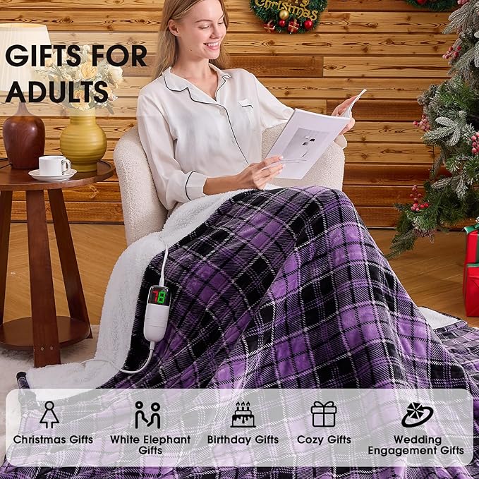 Heated Blanket Electric Throw, 50X60, Heating Throw with 10 Heating Levels & 8 Hours Auto Off, Purple Plaid Checkered Sherpa Blanket Warmer for Couch Bed Office, Gifts for Mom Women Grandma Home Decor