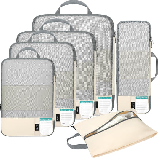 BAGAIL 6 Set Compression Packing Cubes for Travel, Compressible Packing Organizers Travel Accessories for Luggage Suitcase(6 Set, Beige)