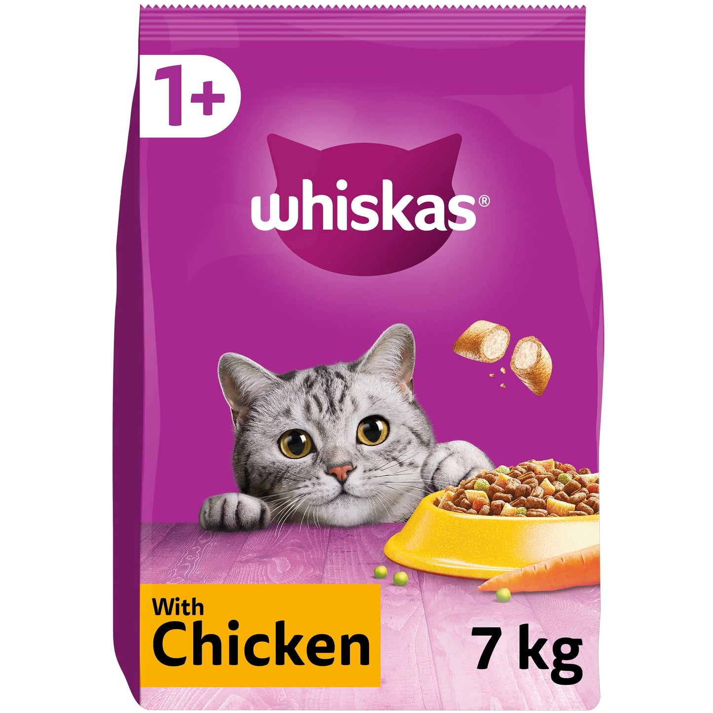 WHISKAS - 1+ Adult Dry Cat Food - 7kg - Biscuits Made with Chicken - Bulk Cat Food Bag