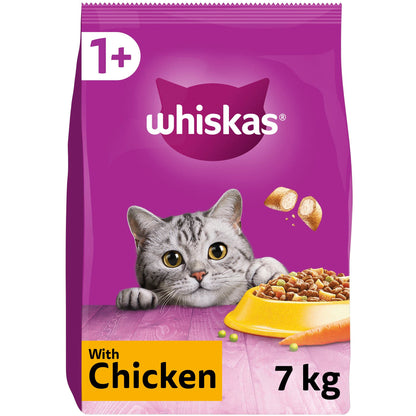 WHISKAS - 1+ Adult Dry Cat Food - 7kg - Biscuits Made with Chicken - Bulk Cat Food Bag