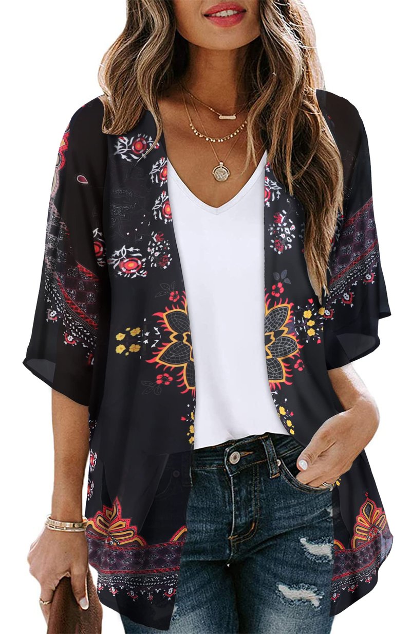 Womens Kimonos Beach Cover Up Chiffon Cardigan Floral Blouse Loose Fit Cape Top Summer Resortwear(Orange Black,XL)