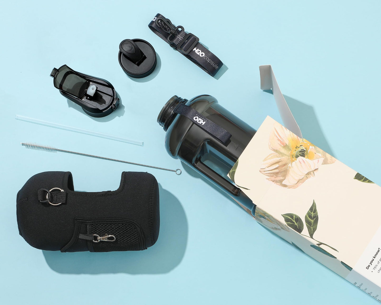 H2O Capsule 2.2L Half Gallon Water Bottle with Storage Sleeve and Removable Straw – BPA Free Large Reusable Drink Container with Handle - Big Sports Jug, 2.2 Liter (74 Ounce), Jet Black