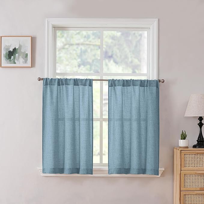 Tollpiz Linen Tier Curtains Rod Pocket Semi Sheer Short Kitchen Curtain Half Burlap Light Filtering Thick Linen Drape for Bathroom, 30 x 30 inches Long, Dusty Blue, Set of 2 Panels