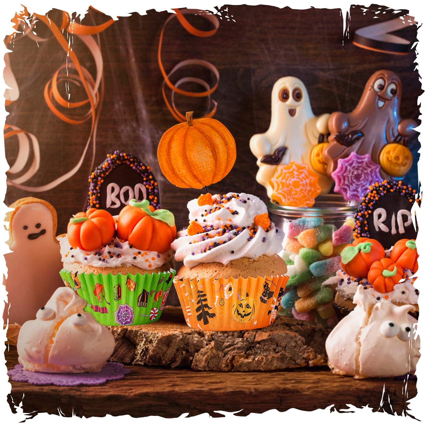 Homyplaza Halloween Cupcake Liners with Toppers Picks, Standard Wrappers Cupcake Disposable Baking Cups Muffin Liners for Halloween Party Decorations Supplies (150 Liners & 150 Toppers)