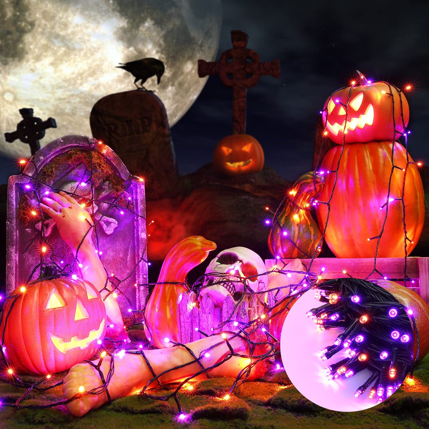 LYHOPE Orange & Purple Halloween Lights, 72ft 200 LED Battery Operated Halloween String Lights with 8 Modes, Waterproof Battery String Light for Outdoor & Indoor, Patio, Lawn, Yard, Holiday Decor