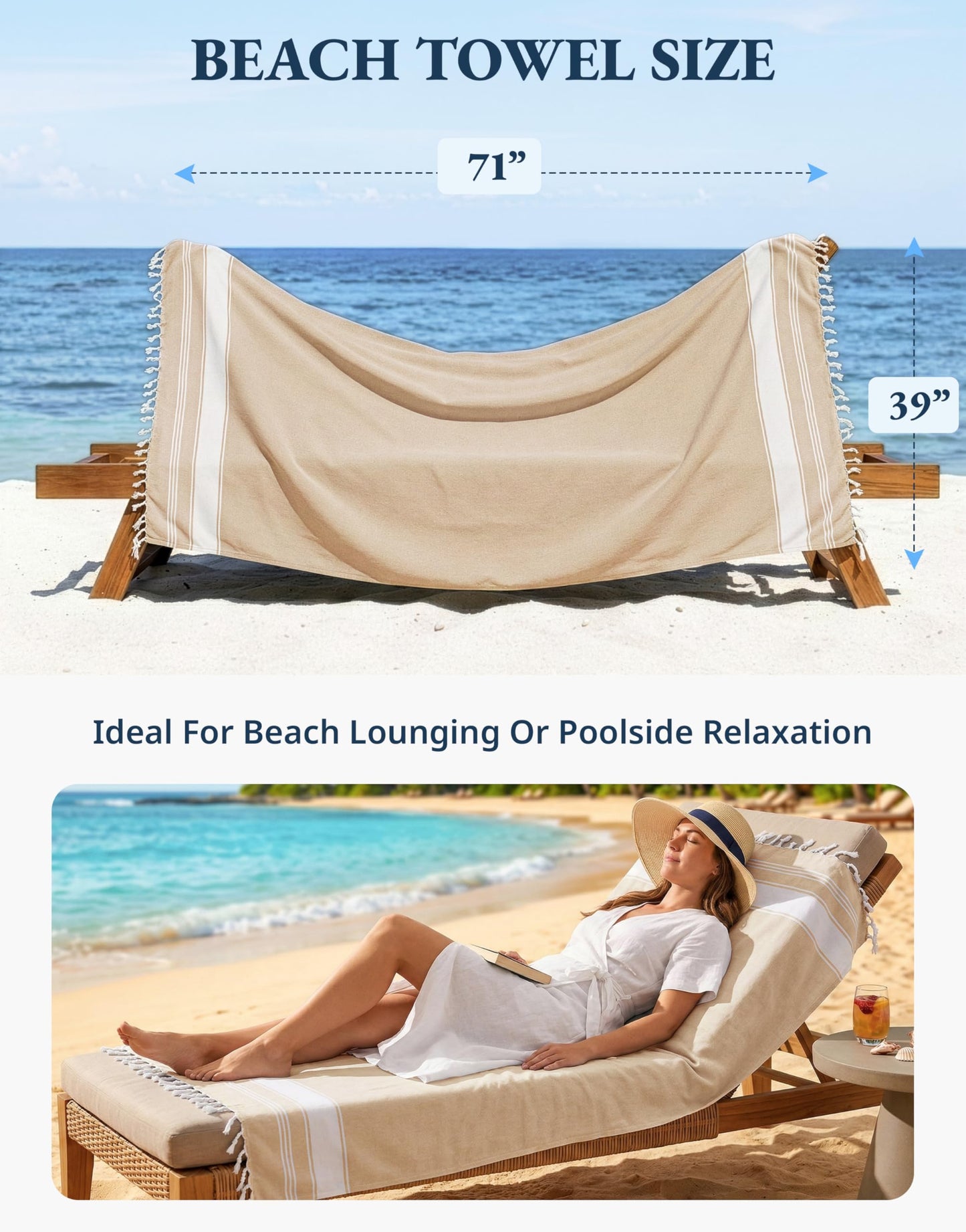 LANE LINEN Oversized Beach Towels, 2 Pack Turkish Towel Set for Adults, Lightweight, Quick Dry, Absorbent & Sand Proof, 39"x71" Pool Towels – Beige