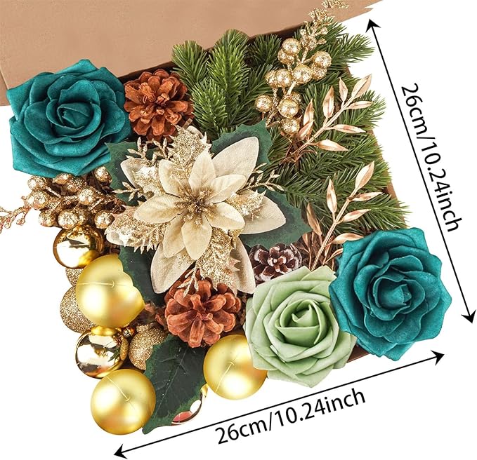 Christmas Flowers Artificial Box Set, Christmas Themed Floral Decorations for DIY Christmas Tree Ornament Wedding Birthday Wreath Decoration (A)